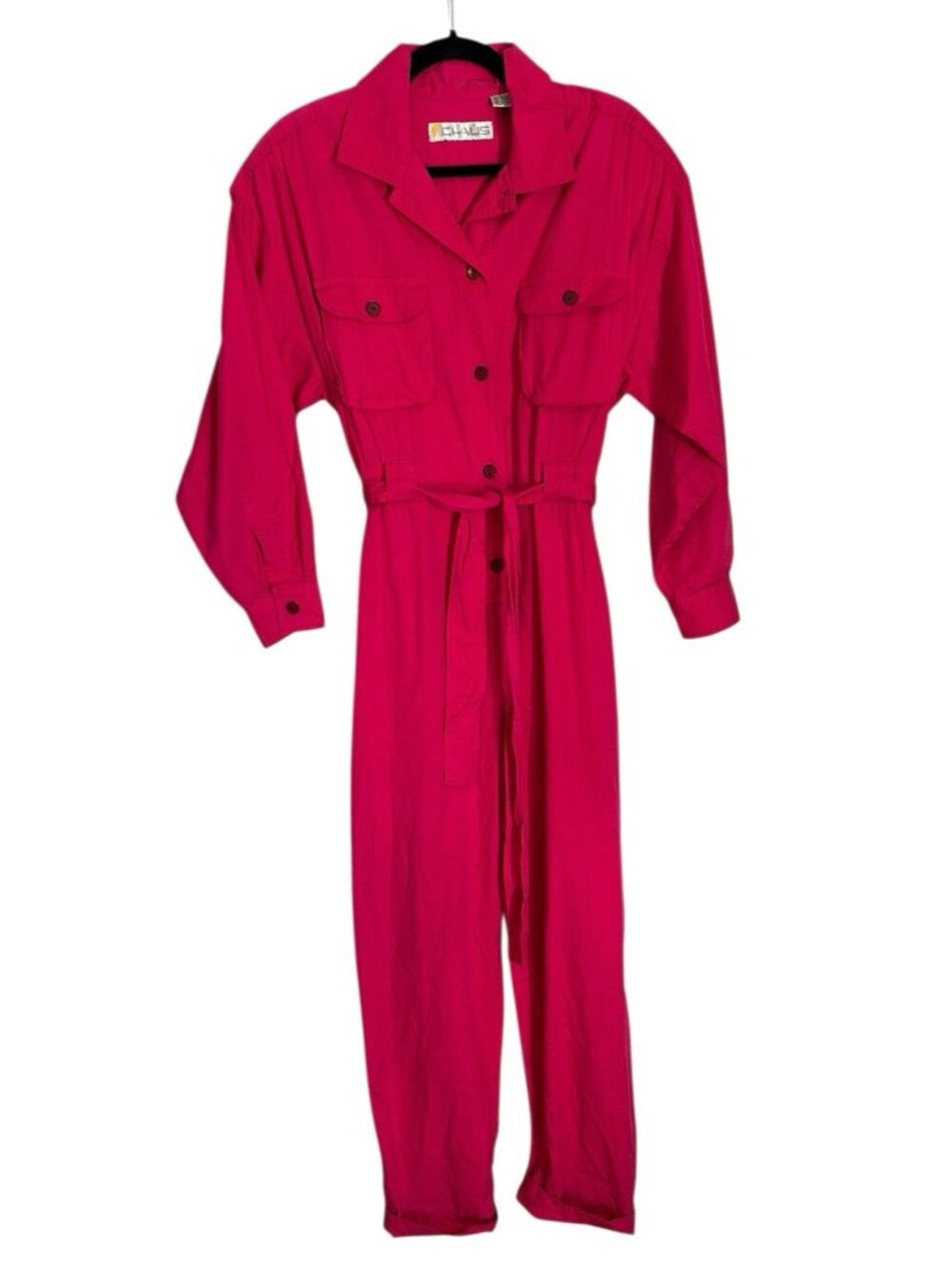 Vintage 80s Chaus Hot Pink 100% Cotton Jumpsuit Romper Size 12 Shoulder Pads
